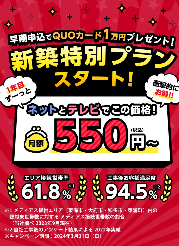 早期申込でQUOカード1万円プレゼント！新築特別プランスタート！